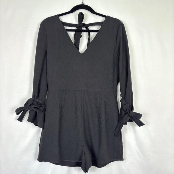 J.O.A. Pants - JOA Los Angeles Romper Women's Medium Black Long Sleeve Bow Tie Back Party